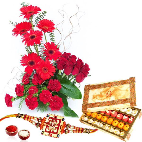 Thread Rakhi with Red Flowers Basket and Sweets