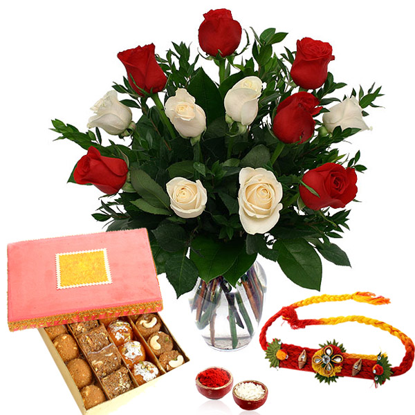 Loose Rakhi with Assorted Sweets and Roses Arrangement