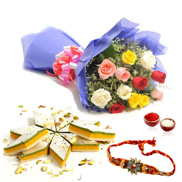 Tirangi Kaju Katli with Roses Bouquet and Rakhi