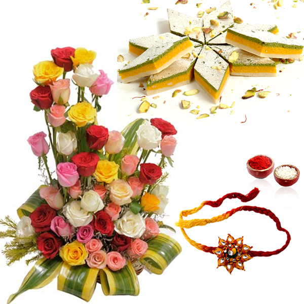 Rakhi with Roses Arrangement and Tirangi Kaju Katli
