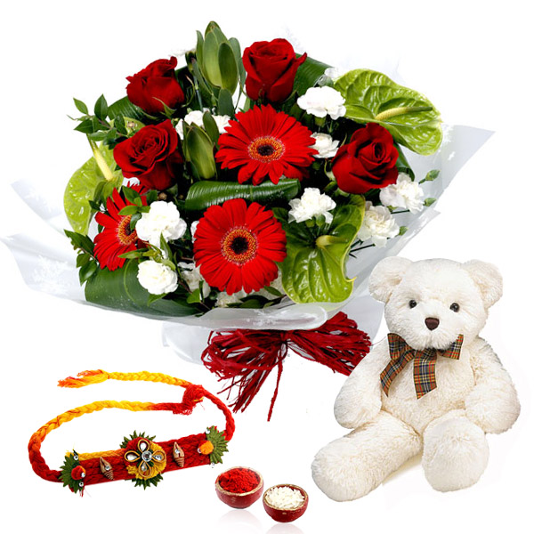 Attractive Bouquet with Rakhi and Teddy Bear