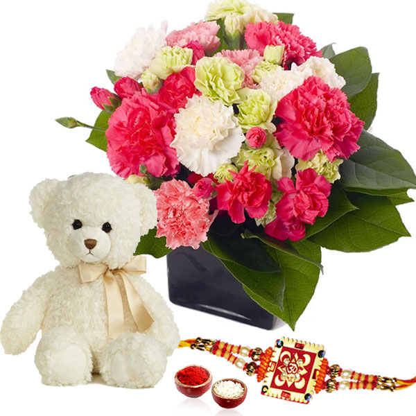 Teddy Bear with Mix Carnation and Rakhi