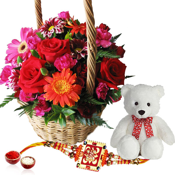 Exotic Flower Basket with Rakhi and Teddy Bear