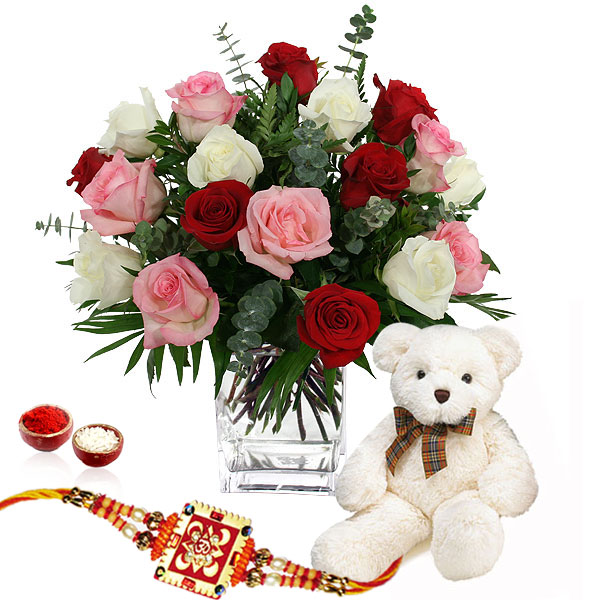 Rakhi with Teddy Bear and Roses Arrangement