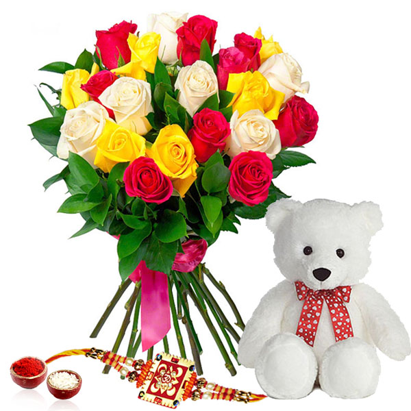 Mix Roses Bouquet with Teddy Bear and Rakhi