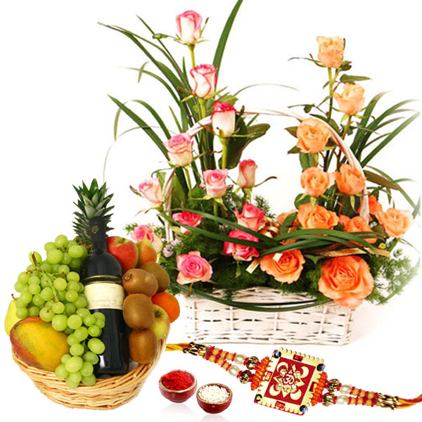 Designer Roses Arrangement with Fruits Wine and Rakhi