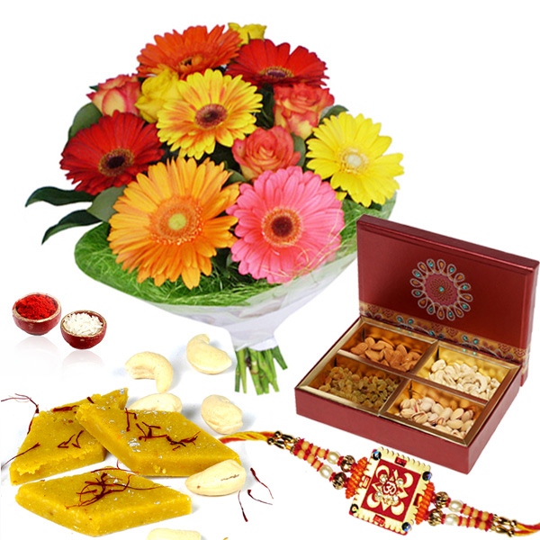 Dry Fruits and Sweets with Rakhi and Flowers