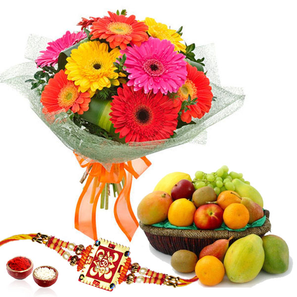 Fruits with Rakhi and Gerberas Bouquet