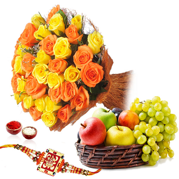 Roses Bouquet and Fruits with Rakhi