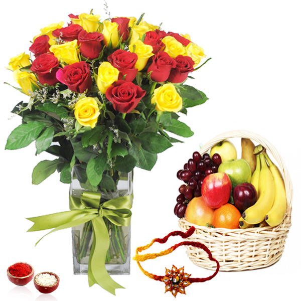 Roses Arrangement with Fruits and Rakhi