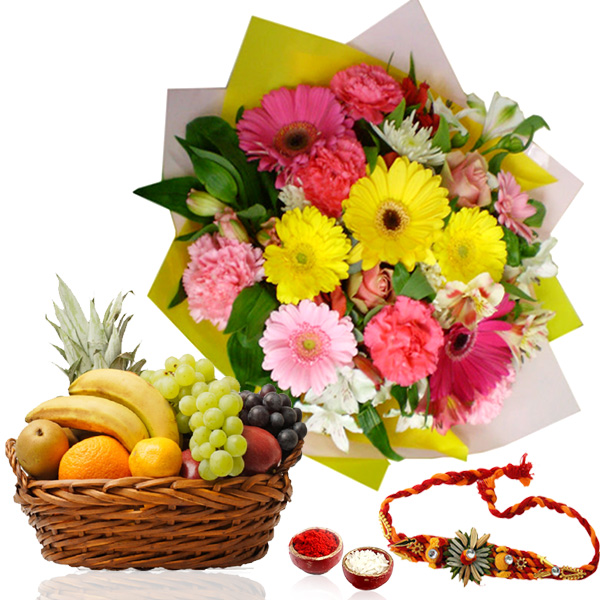 Rakhi with Fruits Basket and Flowers Bouquet