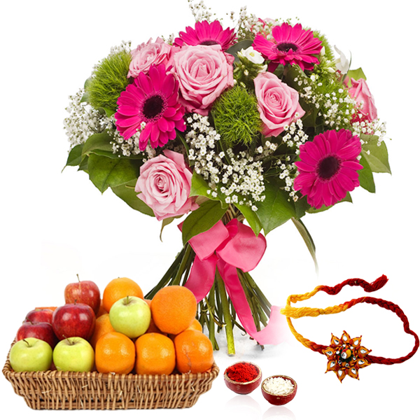 Flower Bouquet with Mix Fruits and Rakhi