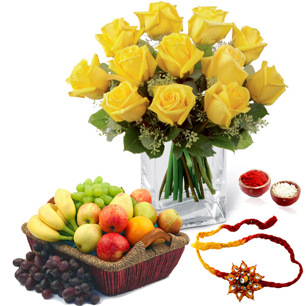 Yellow Roses Arrangement with Mix Fruits and Rakhi