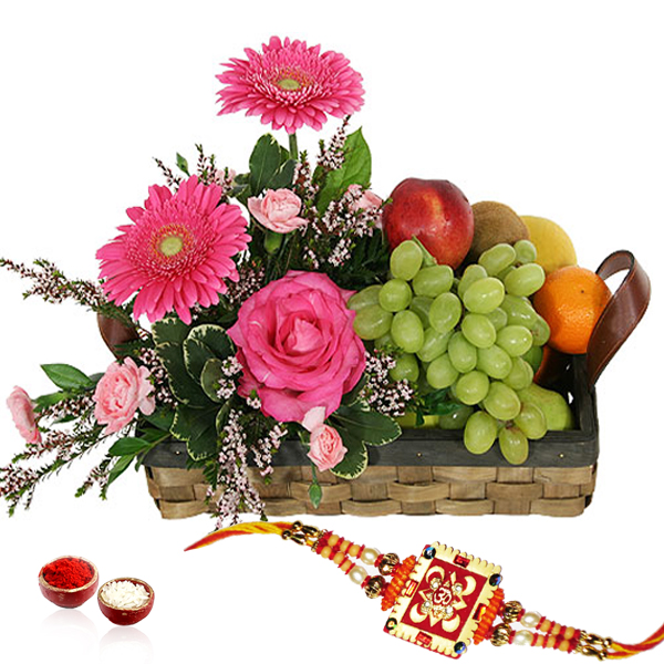 Flowers and Fruits in Basket with Rakhi