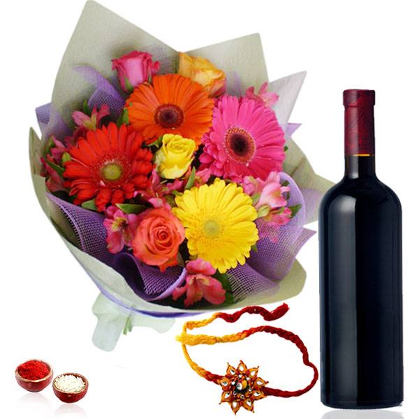 Wine with Mix Flowers and Rakhi