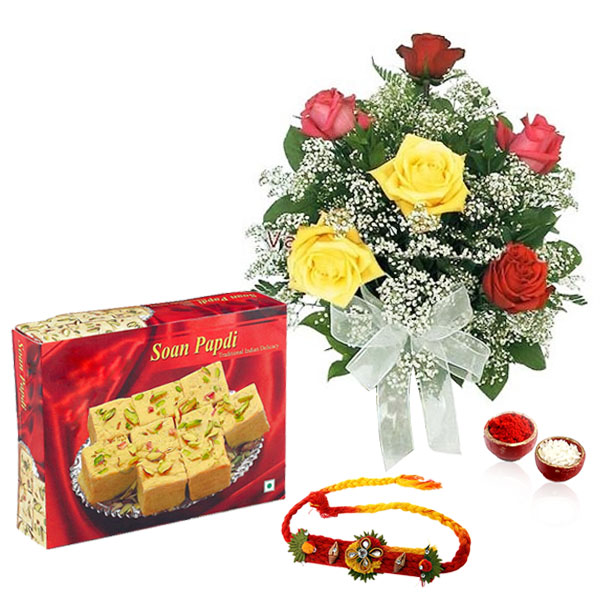 Soan Papdi with Roses and Rakhi
