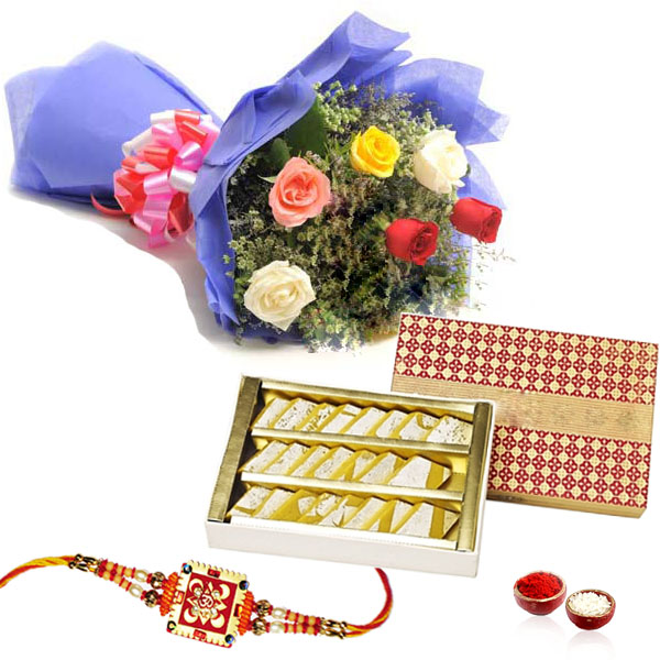 Rakhi Gift with Kaju Katli and Roses Bouquet