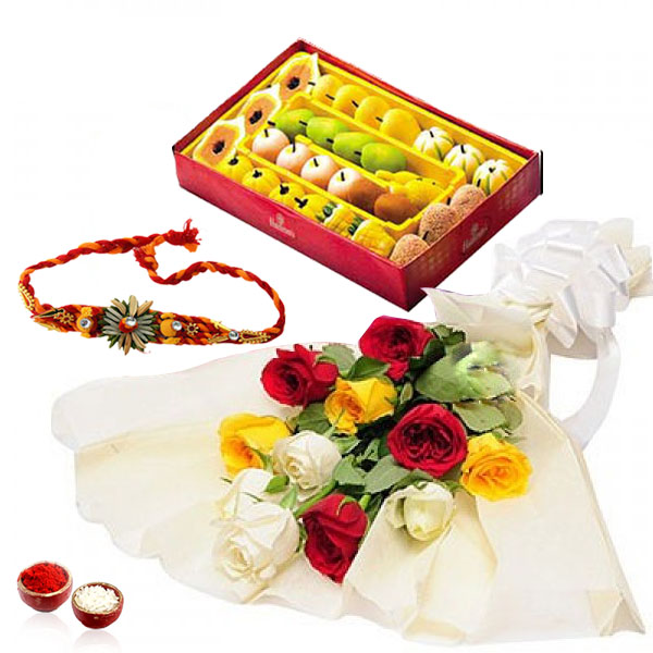 Mix Roses With Assorted Sweets and Rakhi