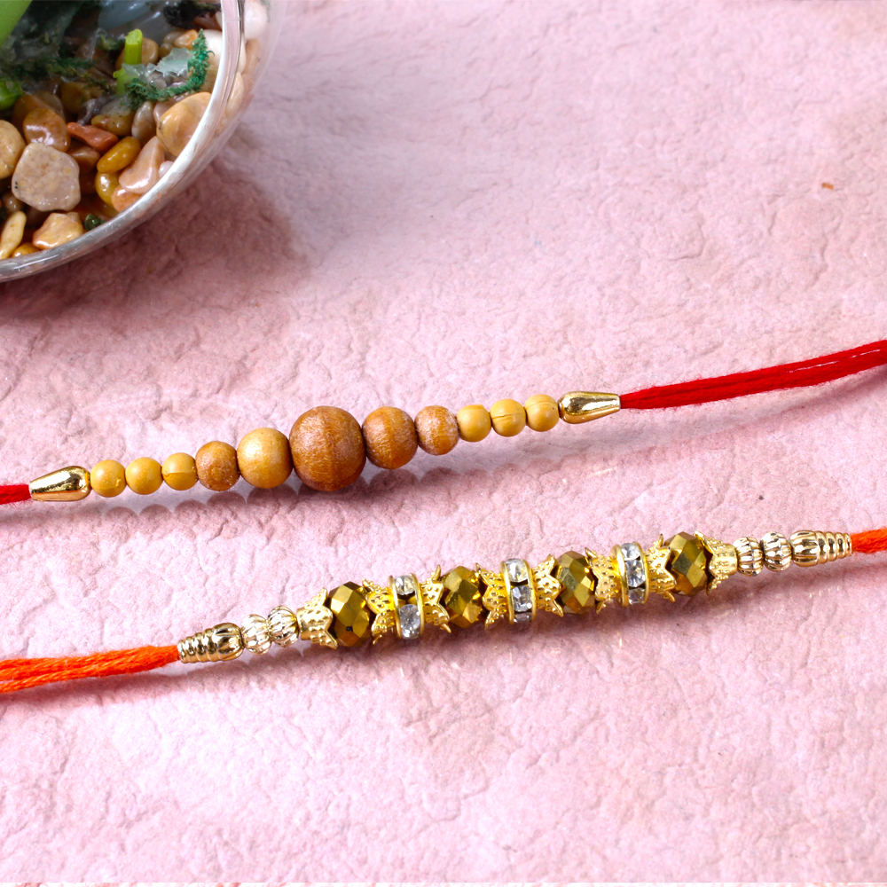 Combo of Wooden Beads Rakhi and Gloden Beads Rakhi