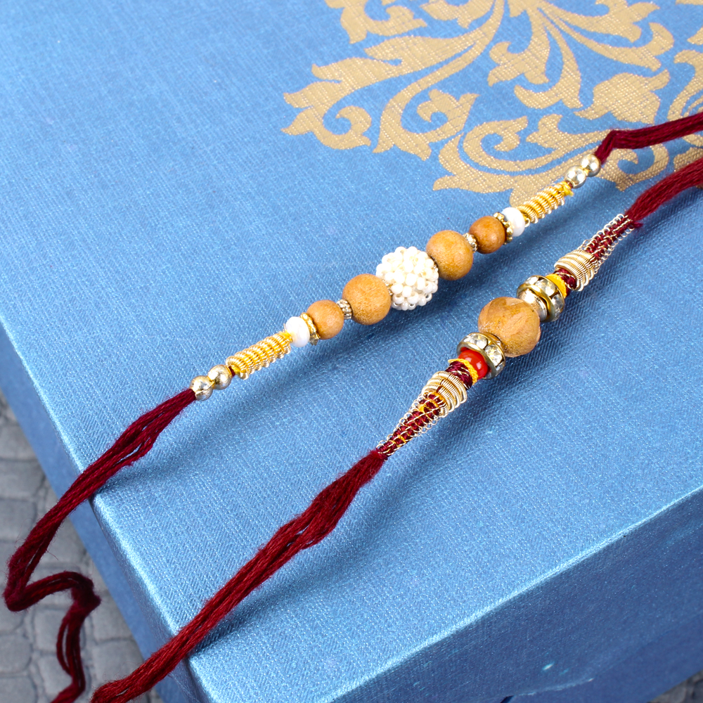 Sandalwood Beads Rakhi with Pearl Rhinestone Beads Rakhi