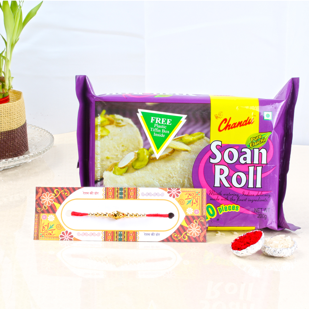 Golden Beads Rakhi with Soan Papdi