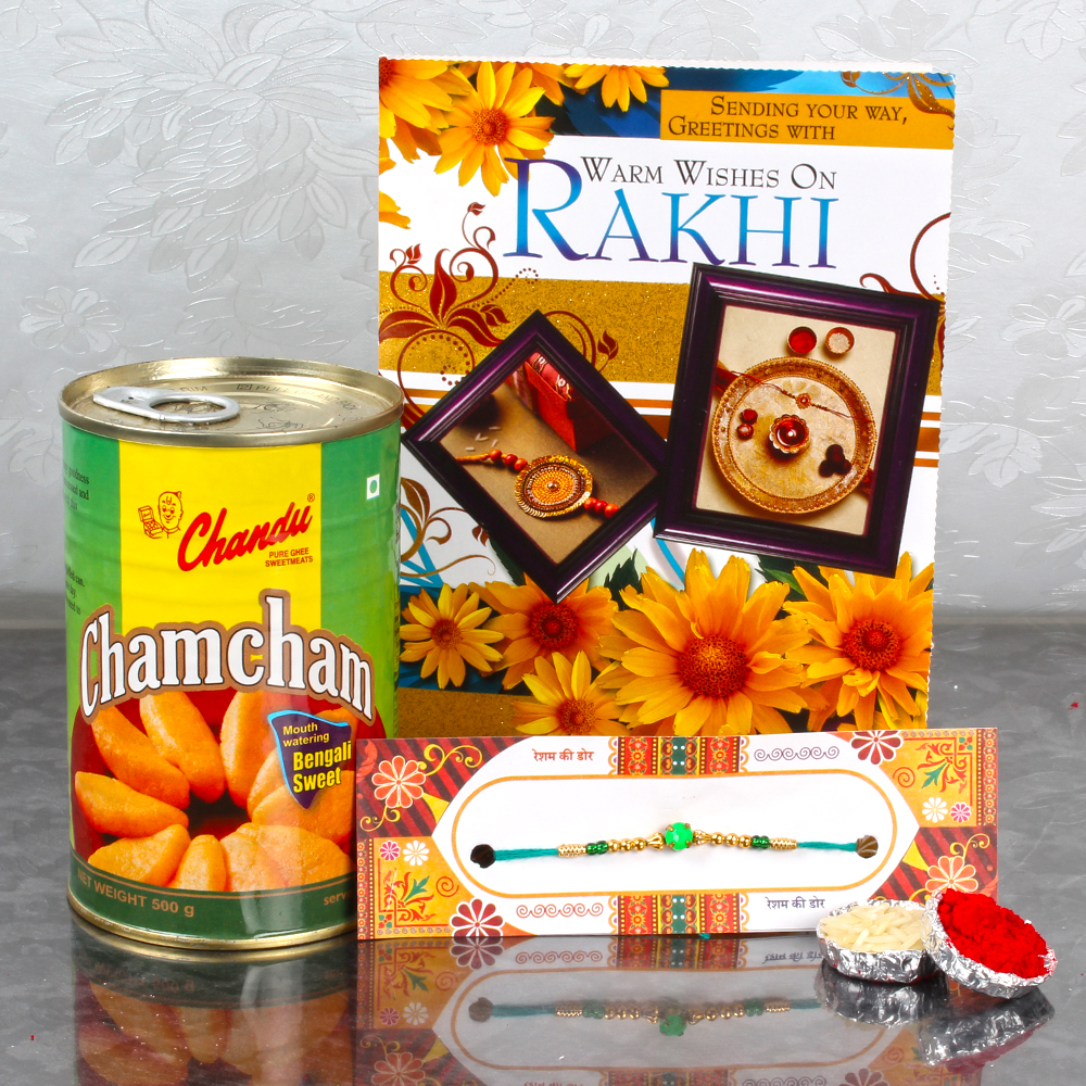 Sweetness of Chamcham with Rakhi Thread and Rakhi Greeting Card