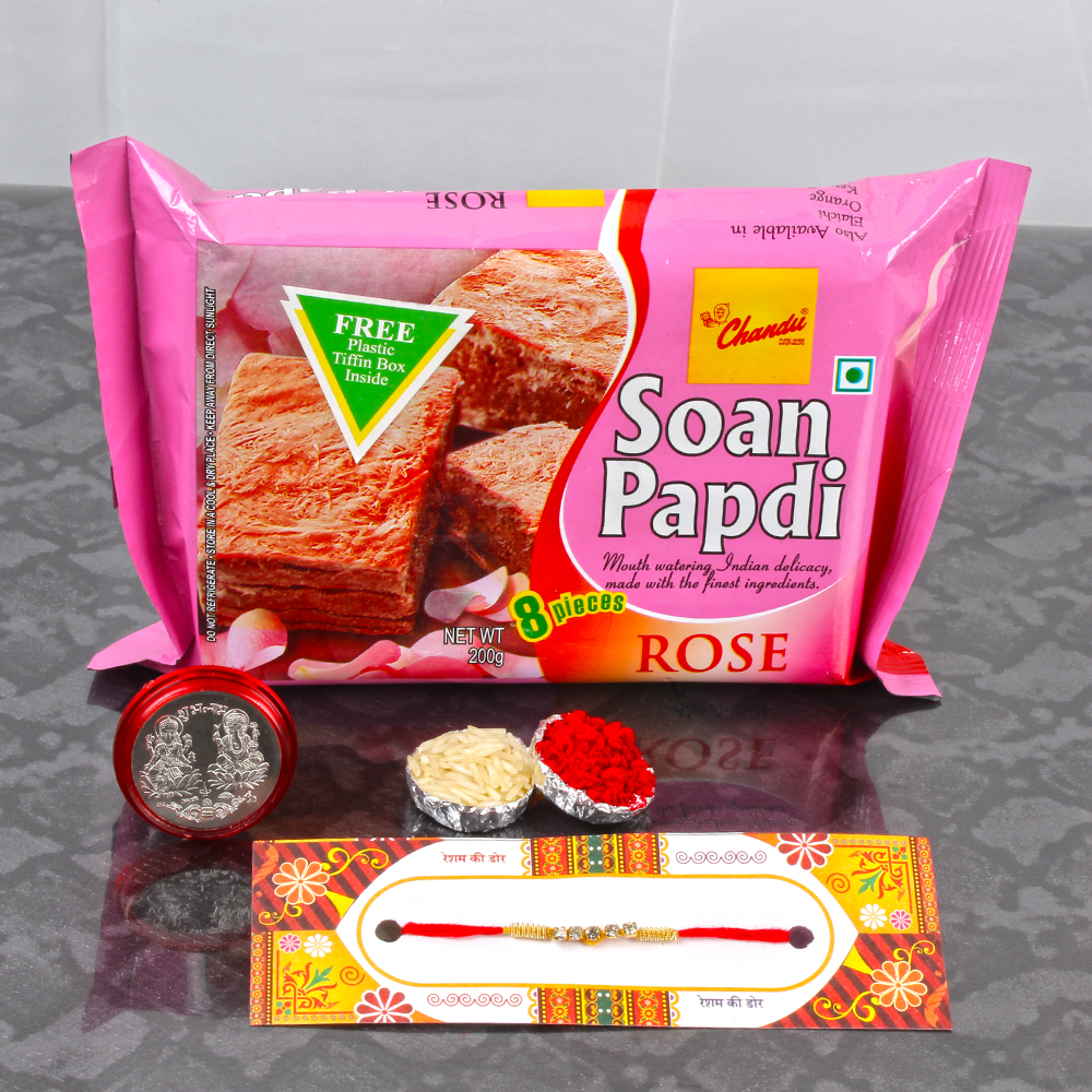 Rakhi Gift of Laxmi Ganesha Silver Coin with Soan Papdi