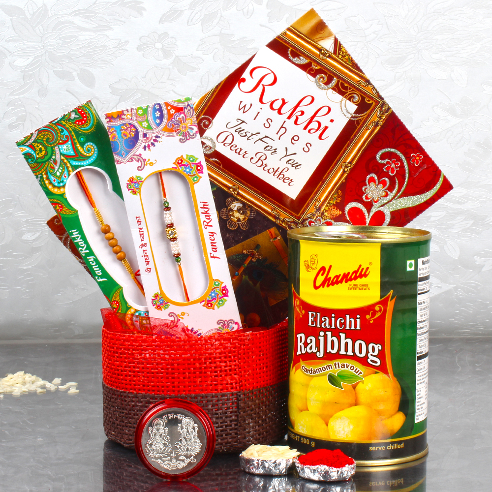 Rakhis with Rajbhog Sweet and Laxmi Ganesha Coin