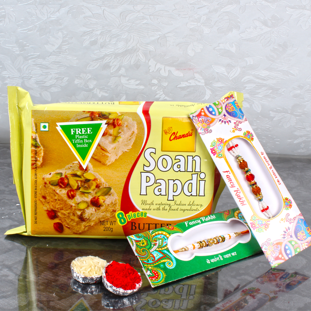 Set of 2 Fancy Rakhis with  Soan Papdi