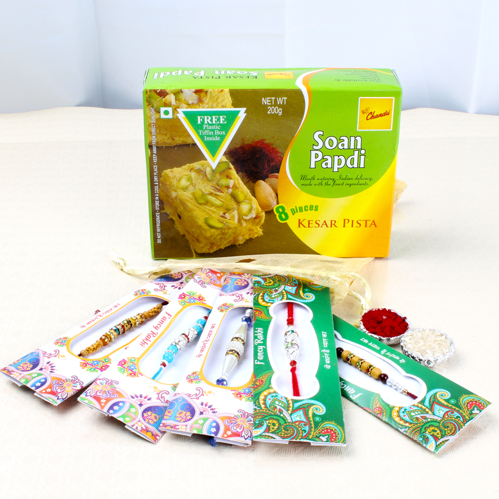 Five Exclusive Rakhis with Soan Papdi