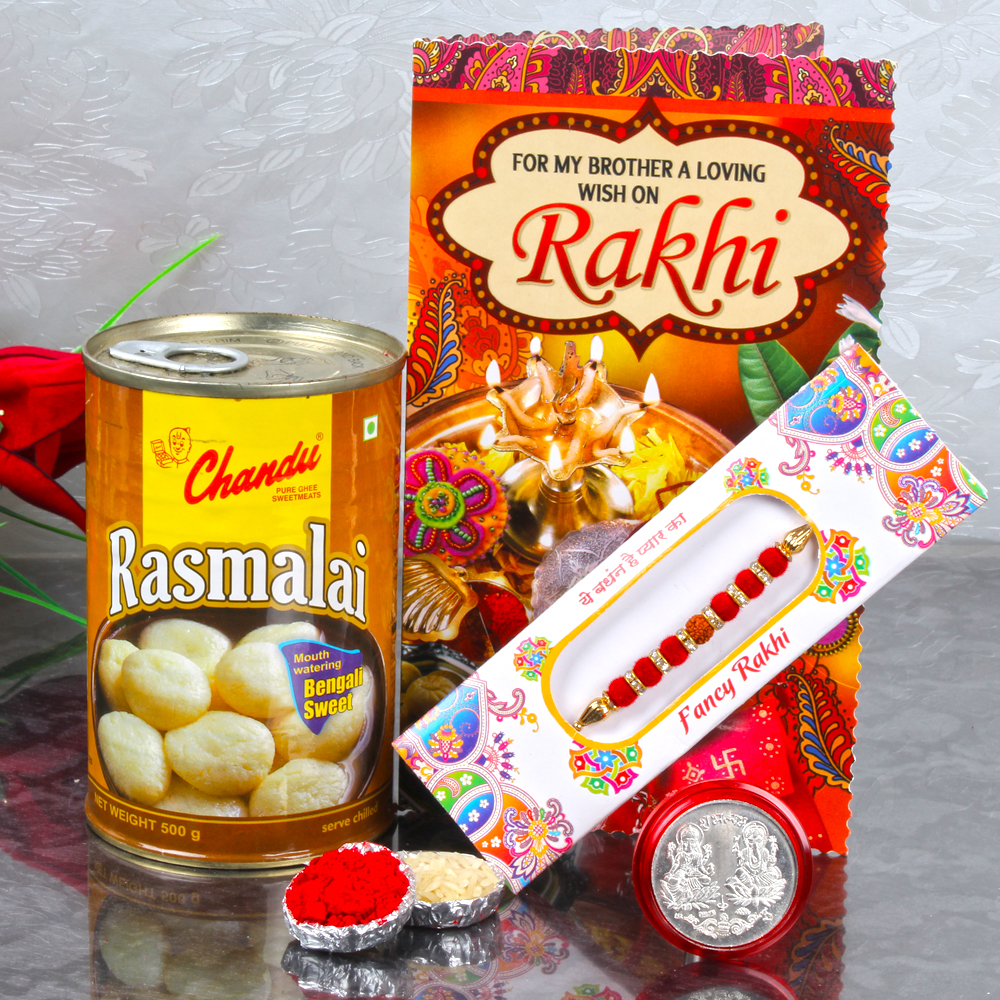 Rakhi Hamper of Rasmalai with Laxmi Ganesh Coin and Rakhi Card