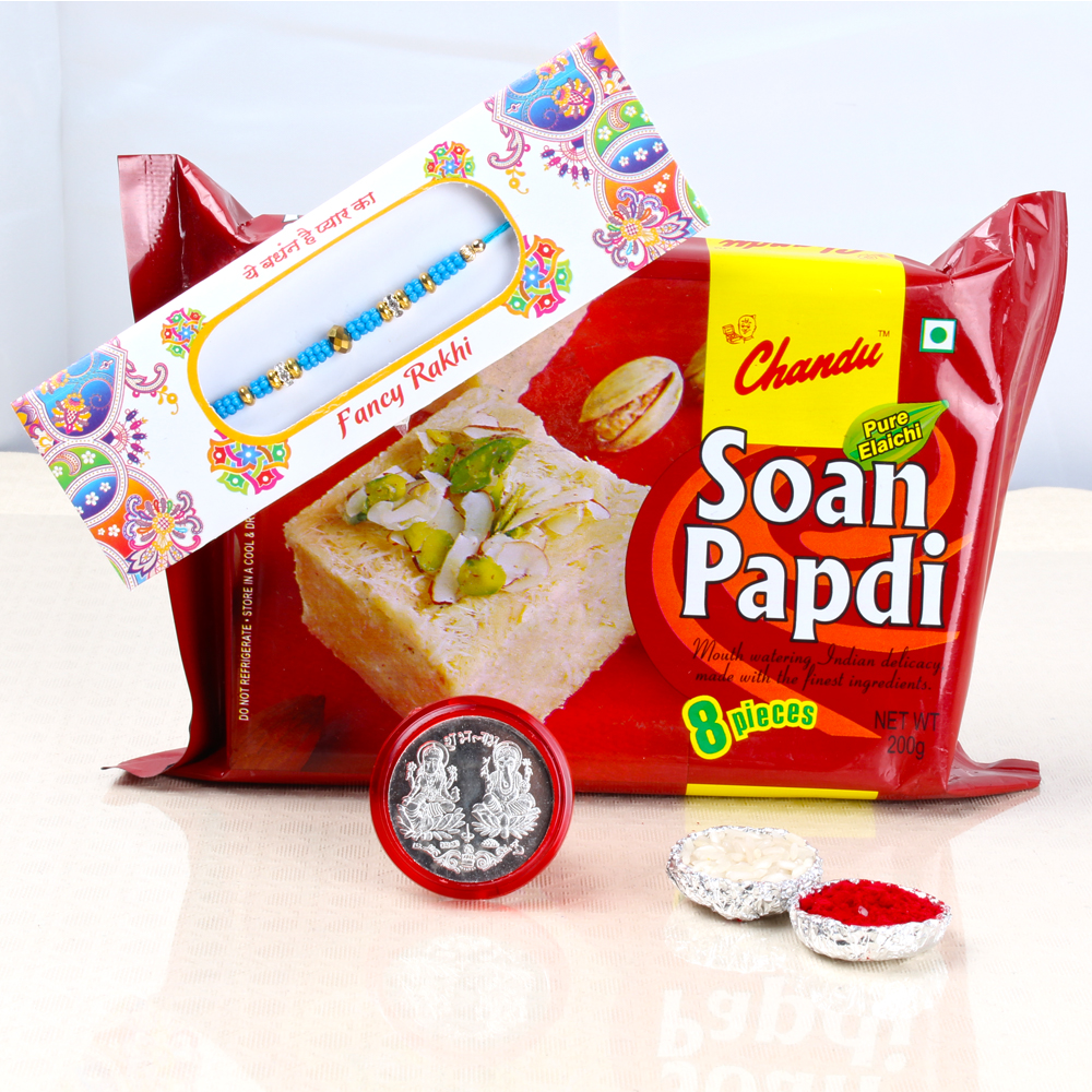 Rakhi with Laxmi Ganesha Coin with Soan Papdi