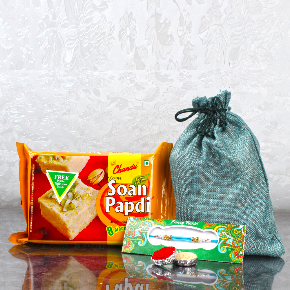 Rakhi Gift Potli of Soan Papdi and Kumkum Chawal