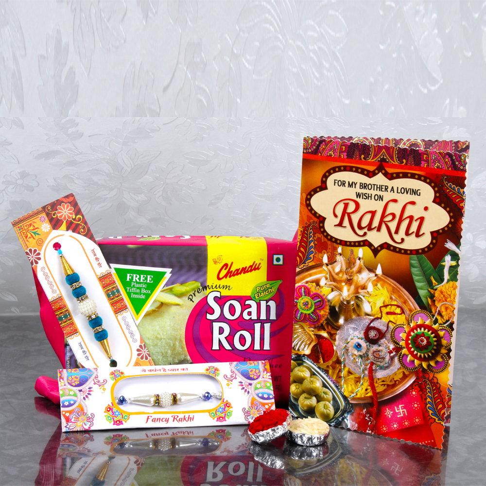 Designer Pearls Two Rakhis with Soan Roll and Rakhi Greeting Card