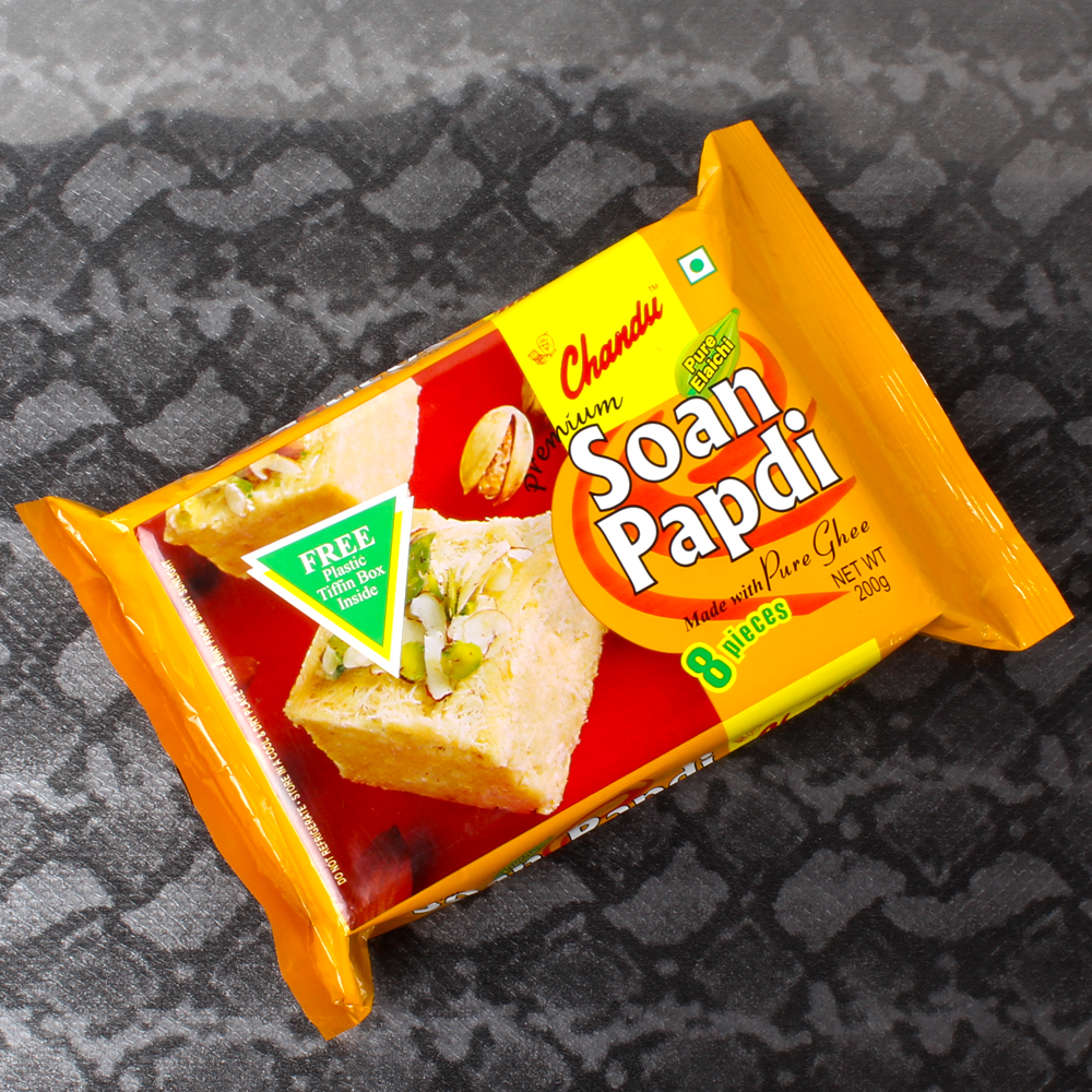 Rakhi Gift Potli of Soan Papdi and Kumkum Chawal