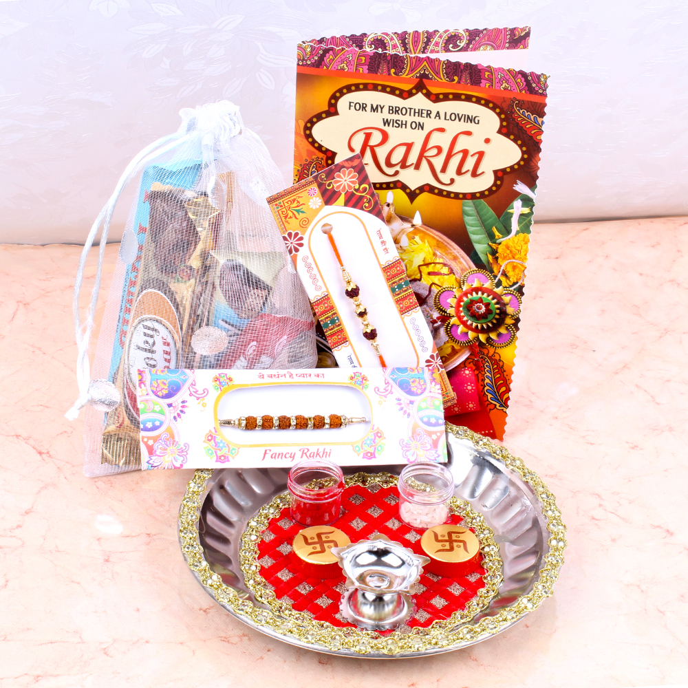 Rakhi Thali and 5 Imported Chocolates with Free Rakhi Card