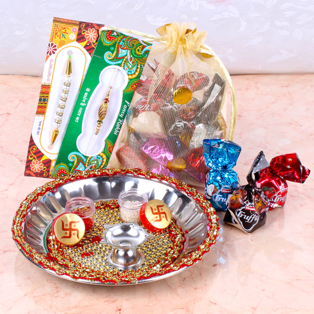 Raksha Bandhan Stainless Steel Thali with Mix Chocolates and 2 Rakhis