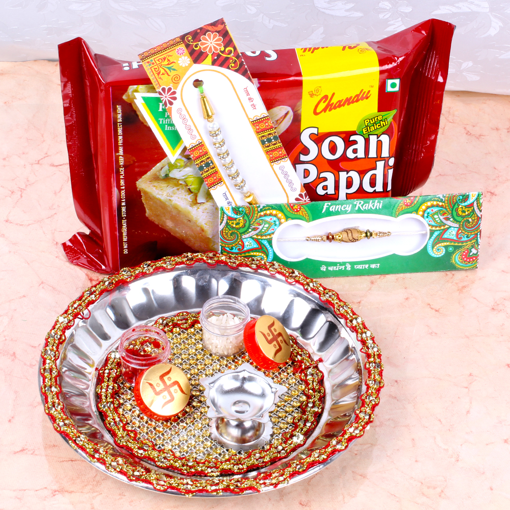 Raksha Bandhan Stainless Steel Thali with Soan Papdi and 2 Rakhis