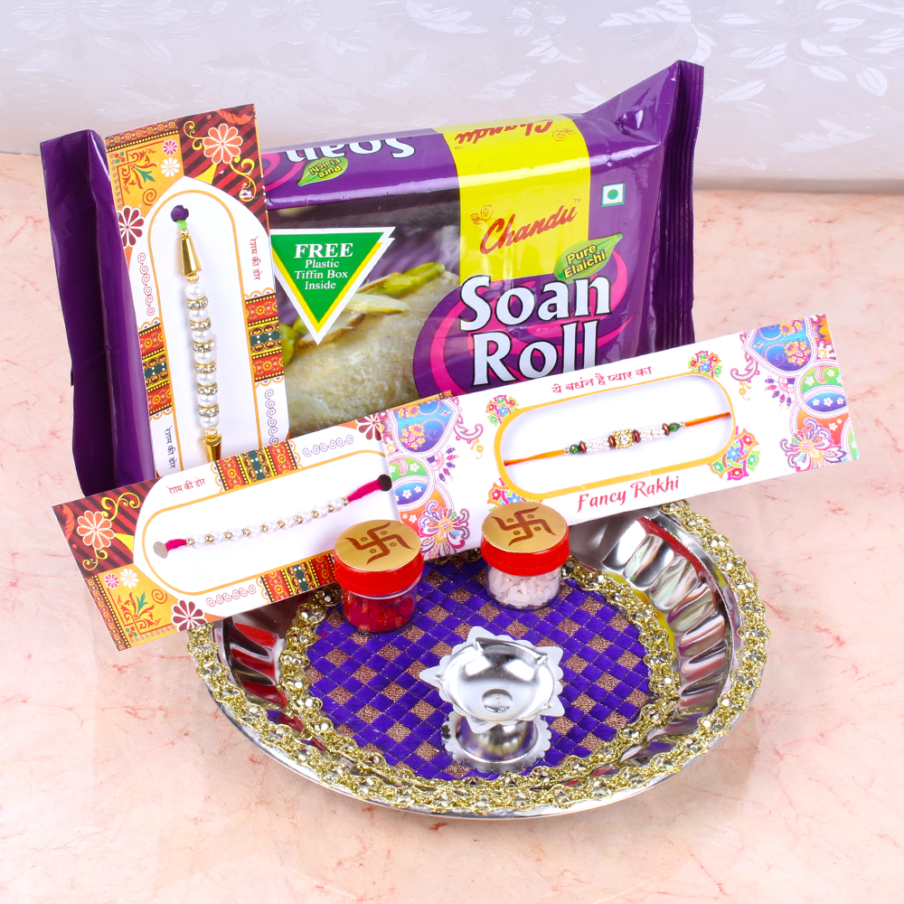 Traditional Rakhi Thali with Soan Papdi and 3 Rakhis