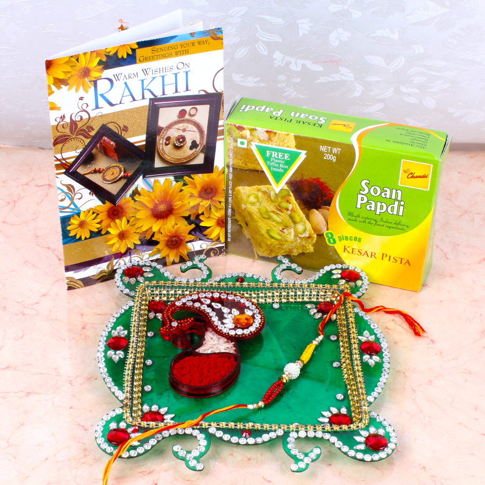 Rakhi Thali and Soan Papdi with Free Greeting Card