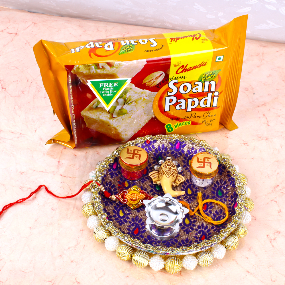 Swastik Rakhi with Soan Papdi and Ganesha Designer Thali