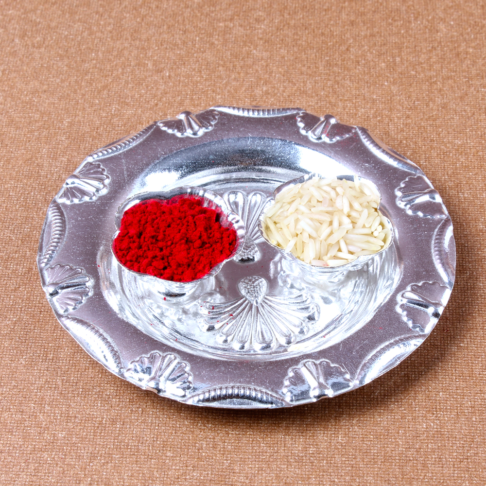 Micro Silver Shiny Rakhi Thali for Raksha Bandhan