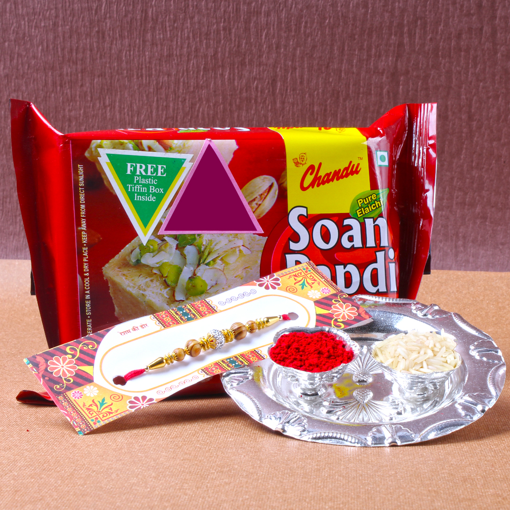 Small Silver Shiny Rakhi Thali with Soan Papadi