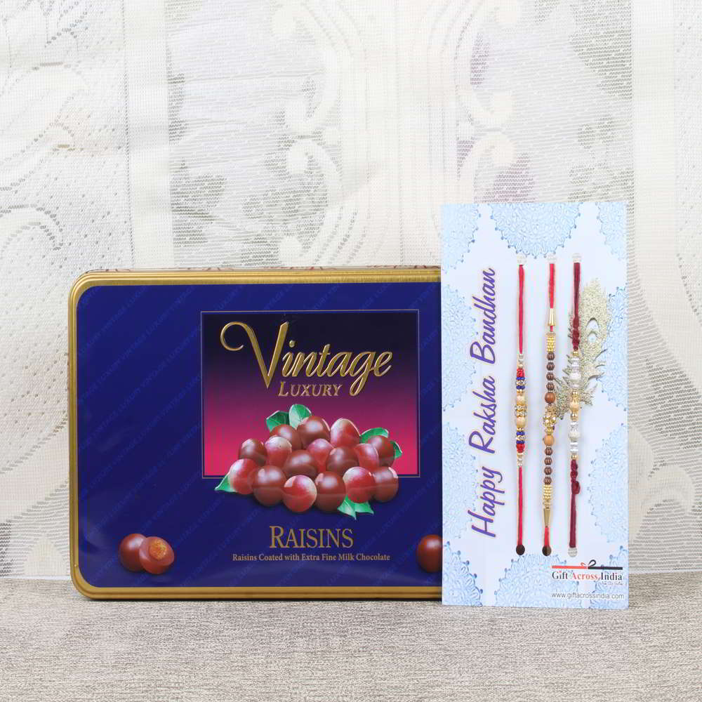 Luxury Raisins Chocolate Box with Three Rakhis-USA