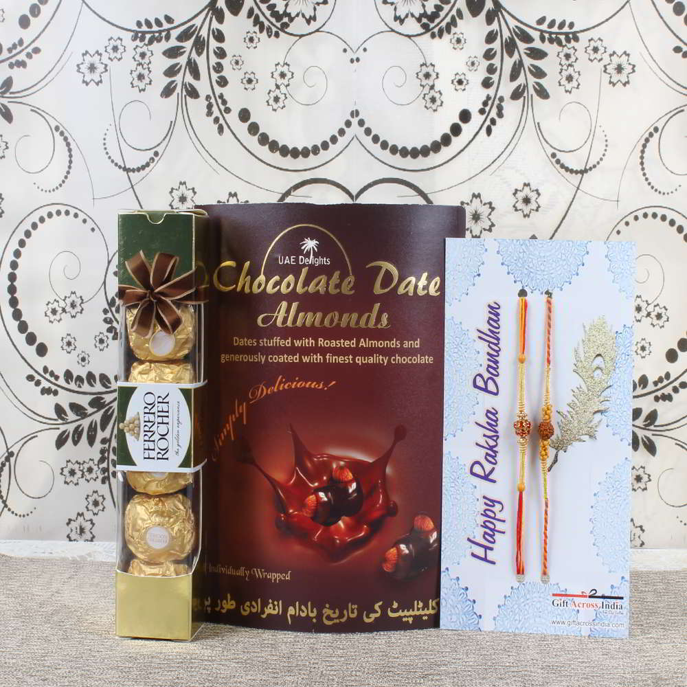 Double Rakhi with Dates Almond and Ferrero Rocher Chocolate Pack