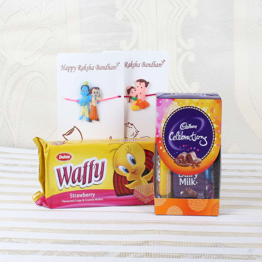 Kids Rakhis Gift of Dukes Waffy with Cadbury Celebration Pack