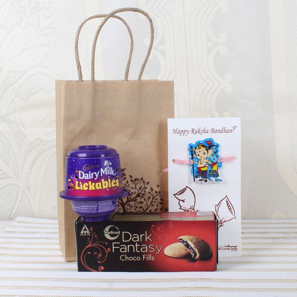 Cadbury Dairy Milk Lickables with Dark Fantasy Choco Fill Pack and Ganesha Krishna Rakhi-Worldwide