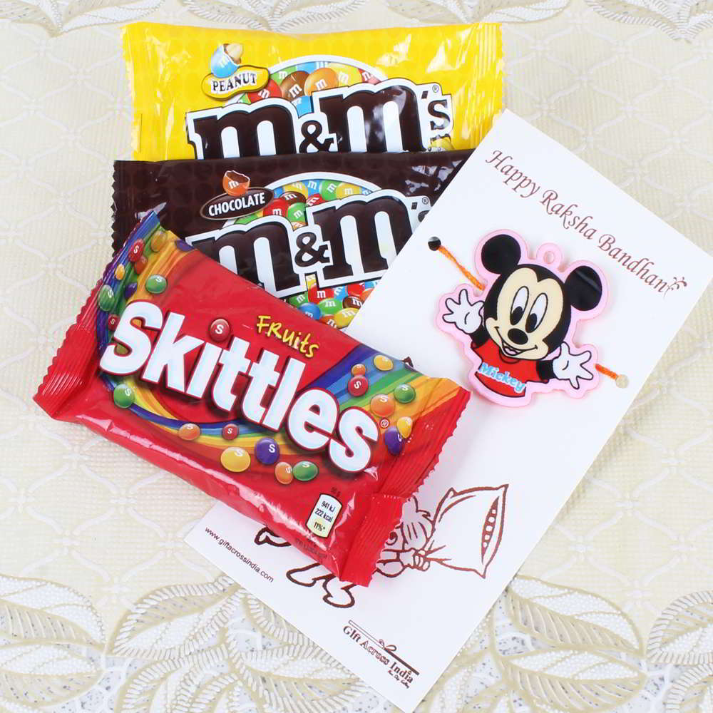 Micky Mouse Rakhi with MnM and Skittles Chocolates Packs - UAE