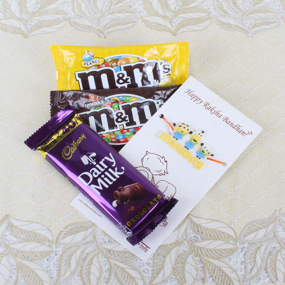 Minions Rakhi with MnM Pack and Dairy Milk Chocolate Bar