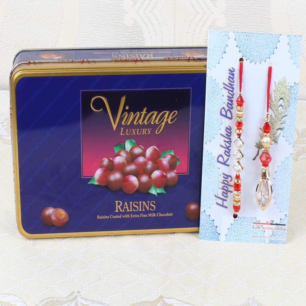Vintage Luxury Raisins Chocolate Box with Bhaiya Bhabhi Rakhi - UAE
